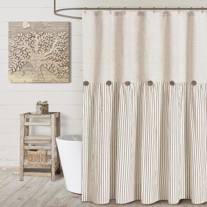 Linen Button Farmhouse Beige Shower Curtain,Linen and Cotton Woven Fabric,Pleated Brown Stripe,Country Style,72x72 Inch
