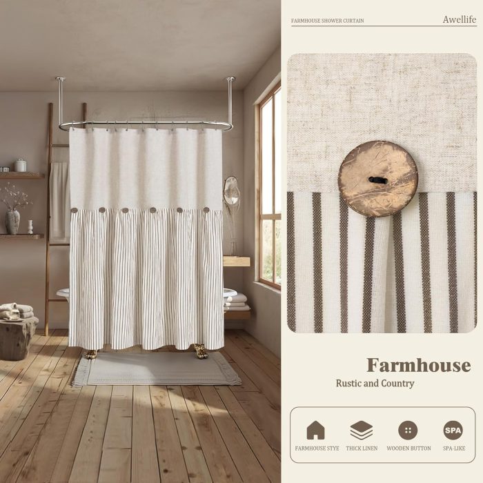 Linen Button Farmhouse Beige Shower Curtain,Linen and Cotton Woven Fabric,Pleated Brown Stripe,Country Style,72x72 Inch - Image 2