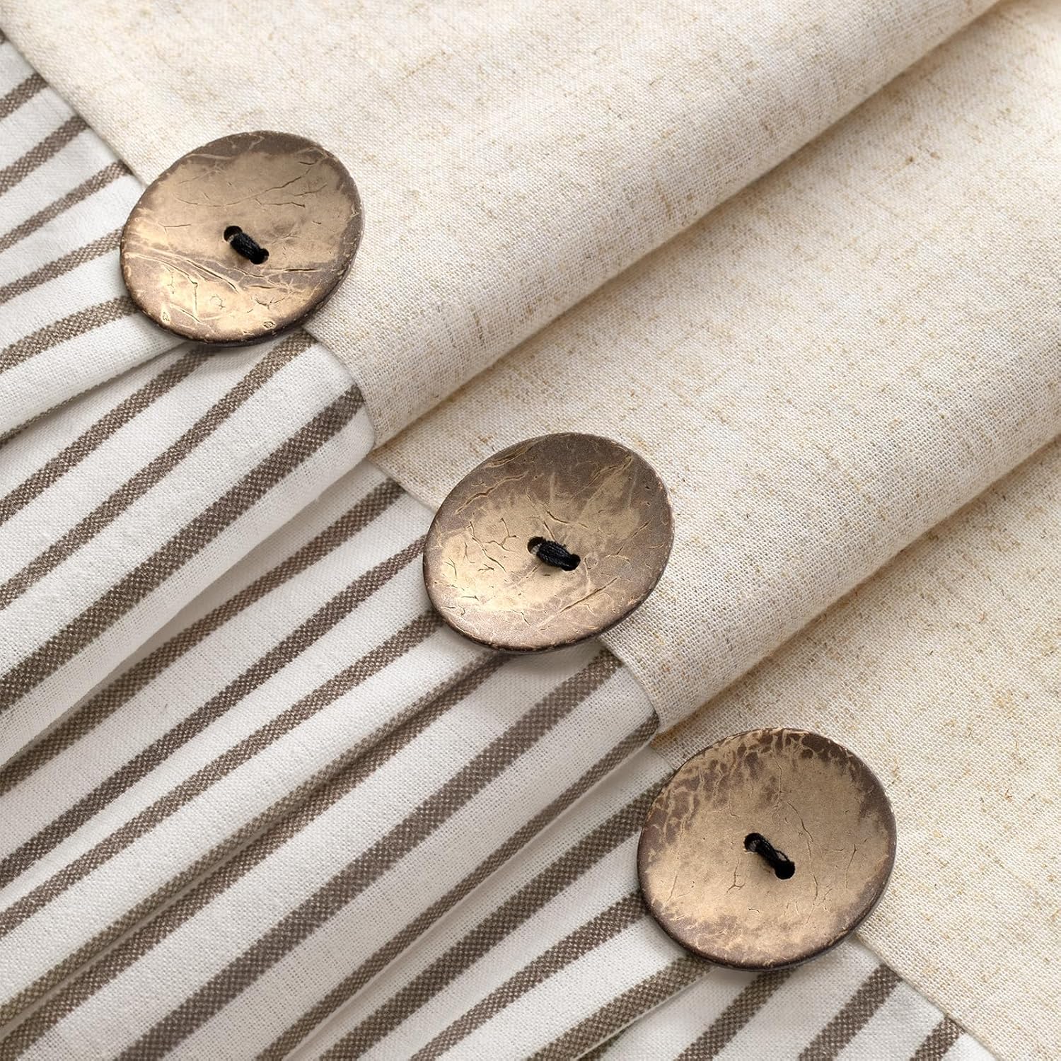 Linen Button Farmhouse Beige Shower Curtain,Linen and Cotton Woven Fabric,Pleated Brown Stripe,Country Style,72x72 Inch - Image 3