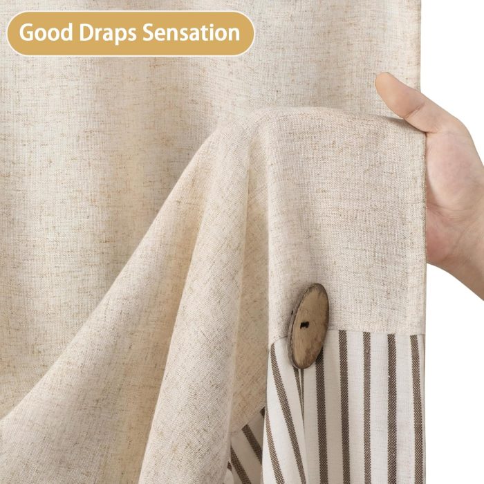 Linen Button Farmhouse Beige Shower Curtain,Linen and Cotton Woven Fabric,Pleated Brown Stripe,Country Style,72x72 Inch - Image 4