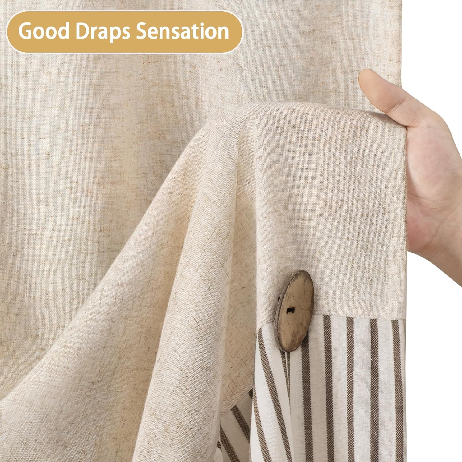Linen Button Farmhouse Beige Shower Curtain,Linen and Cotton Woven Fabric,Pleated Brown Stripe,Country Style,72x72 Inch - Image 4
