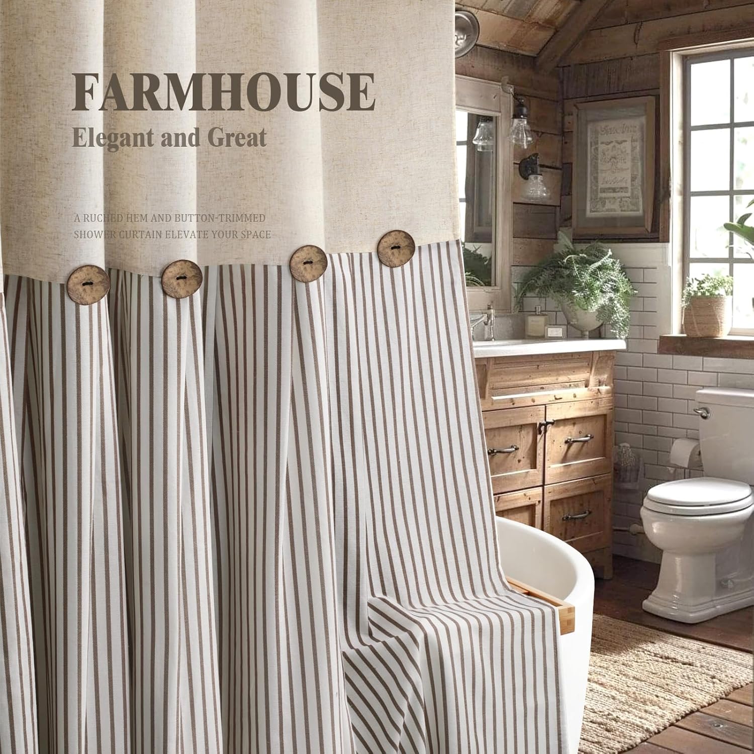 Linen Button Farmhouse Beige Shower Curtain,Linen and Cotton Woven Fabric,Pleated Brown Stripe,Country Style,72x72 Inch - Image 5