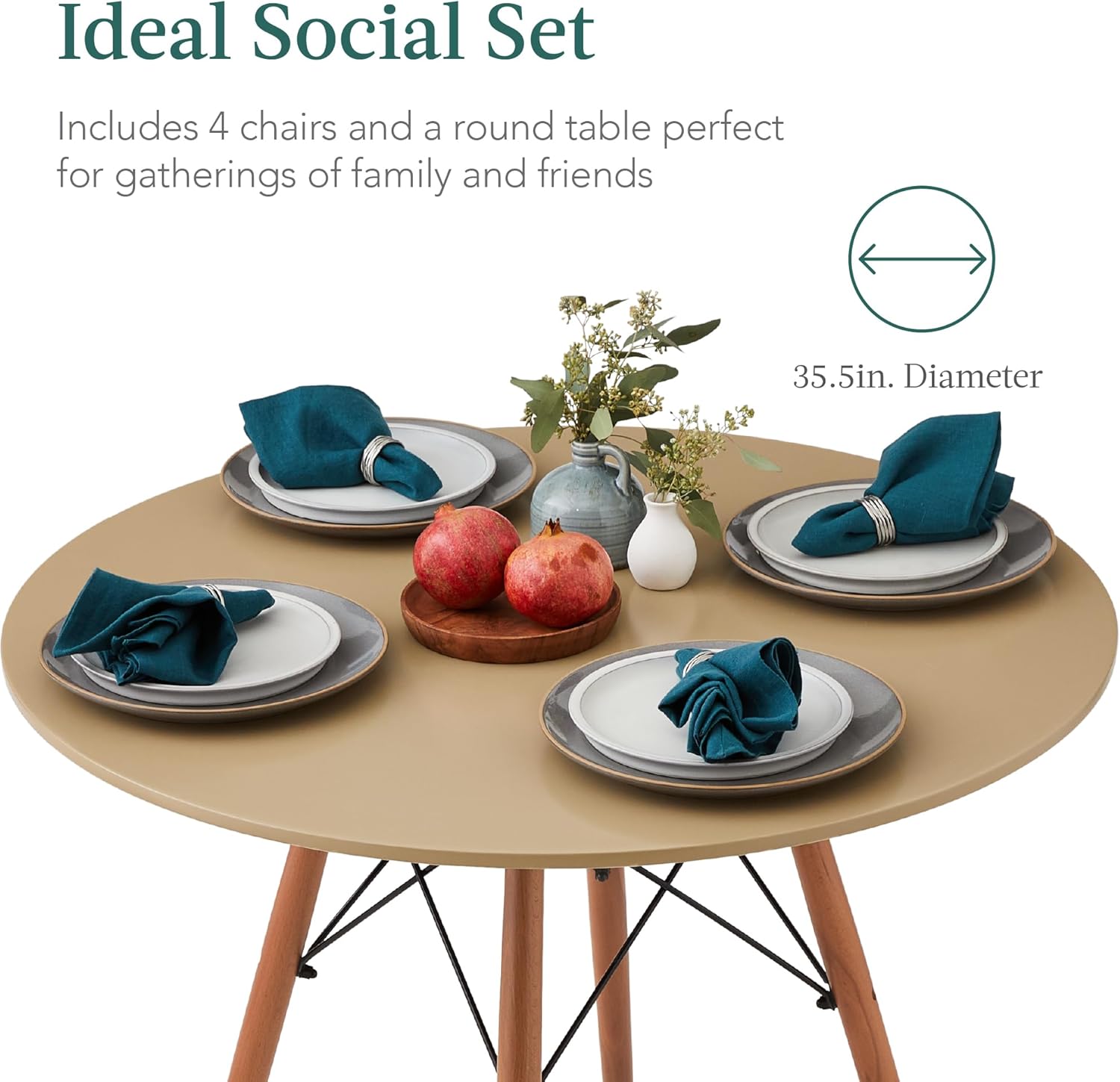 Best Choice Products 5-Piece Dining Set, Compact Mid-Century Modern Table & Chair Set for Home, Apartment w/ 4 Chairs, Plastic Seats, Wooden Legs, Metal Frame - Beige/Walnut - Image 4