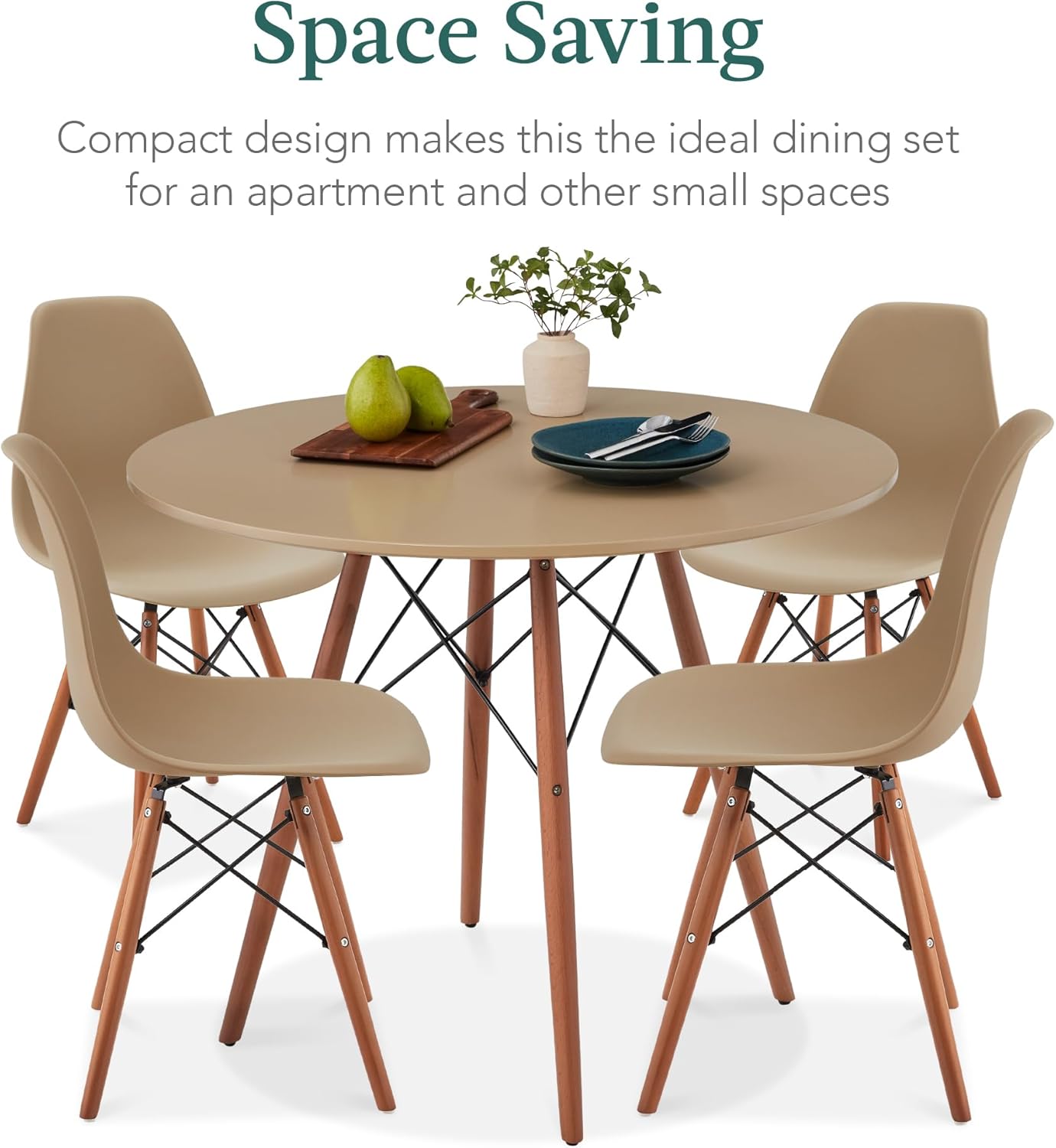 Best Choice Products 5-Piece Dining Set, Compact Mid-Century Modern Table & Chair Set for Home, Apartment w/ 4 Chairs, Plastic Seats, Wooden Legs, Metal Frame - Beige/Walnut - Image 6