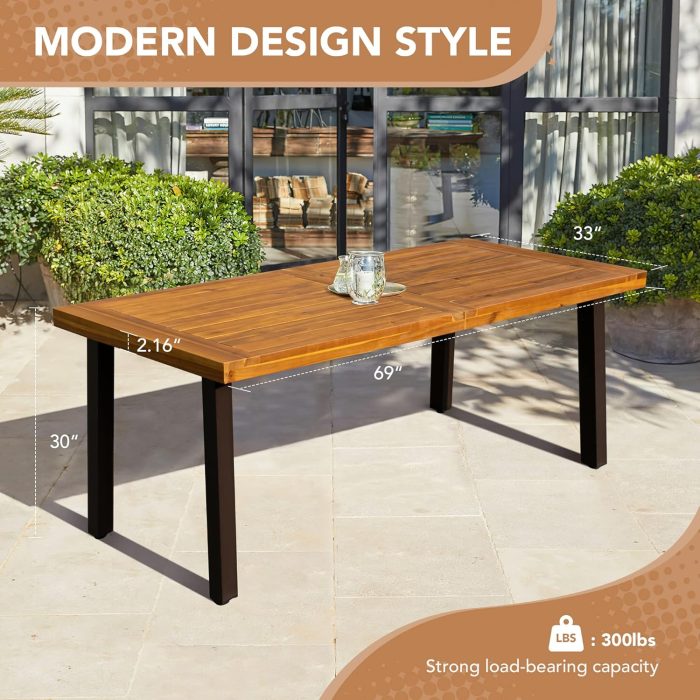 Devoko Home Acacia Wood Dining Table 6-Person Indoor Outdoor Table with Iron Legs, Sandblast Finish, Natural Stained, Rustic Metal, 69 * 33 * 30 inch (Natural) - Image 3