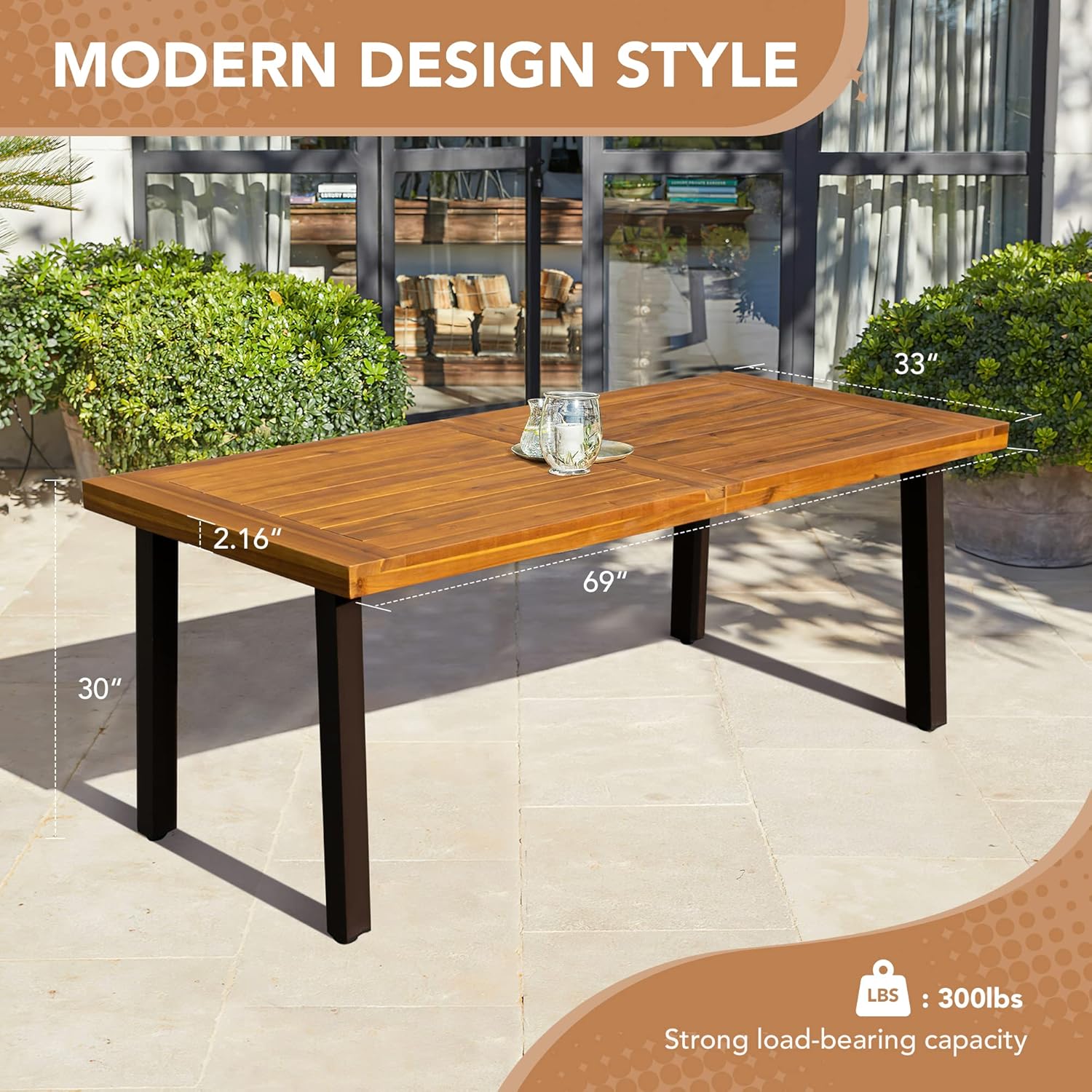 Devoko Home Acacia Wood Dining Table 6-Person Indoor Outdoor Table with Iron Legs, Sandblast Finish, Natural Stained, Rustic Metal, 69 * 33 * 30 inch (Natural) - Image 3