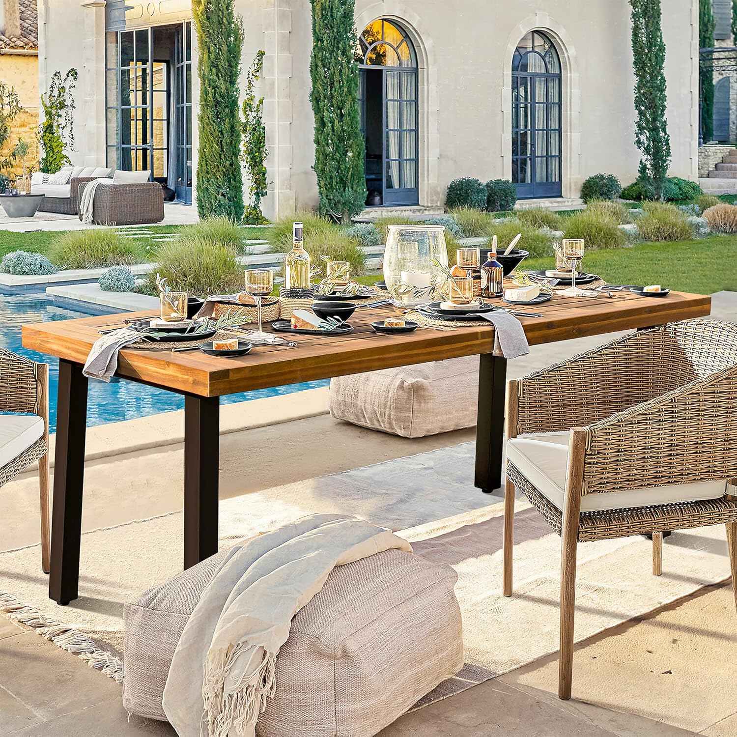 Devoko Home Acacia Wood Dining Table 6-Person Indoor Outdoor Table with Iron Legs, Sandblast Finish, Natural Stained, Rustic Metal, 69 * 33 * 30 inch (Natural) - Image 4