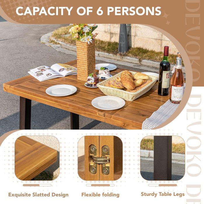 Devoko Home Acacia Wood Dining Table 6-Person Indoor Outdoor Table with Iron Legs, Sandblast Finish, Natural Stained, Rustic Metal, 69 * 33 * 30 inch (Natural) - Image 6