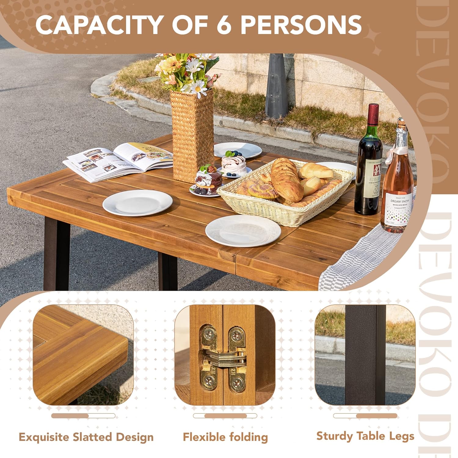 Devoko Home Acacia Wood Dining Table 6-Person Indoor Outdoor Table with Iron Legs, Sandblast Finish, Natural Stained, Rustic Metal, 69 * 33 * 30 inch (Natural) - Image 6