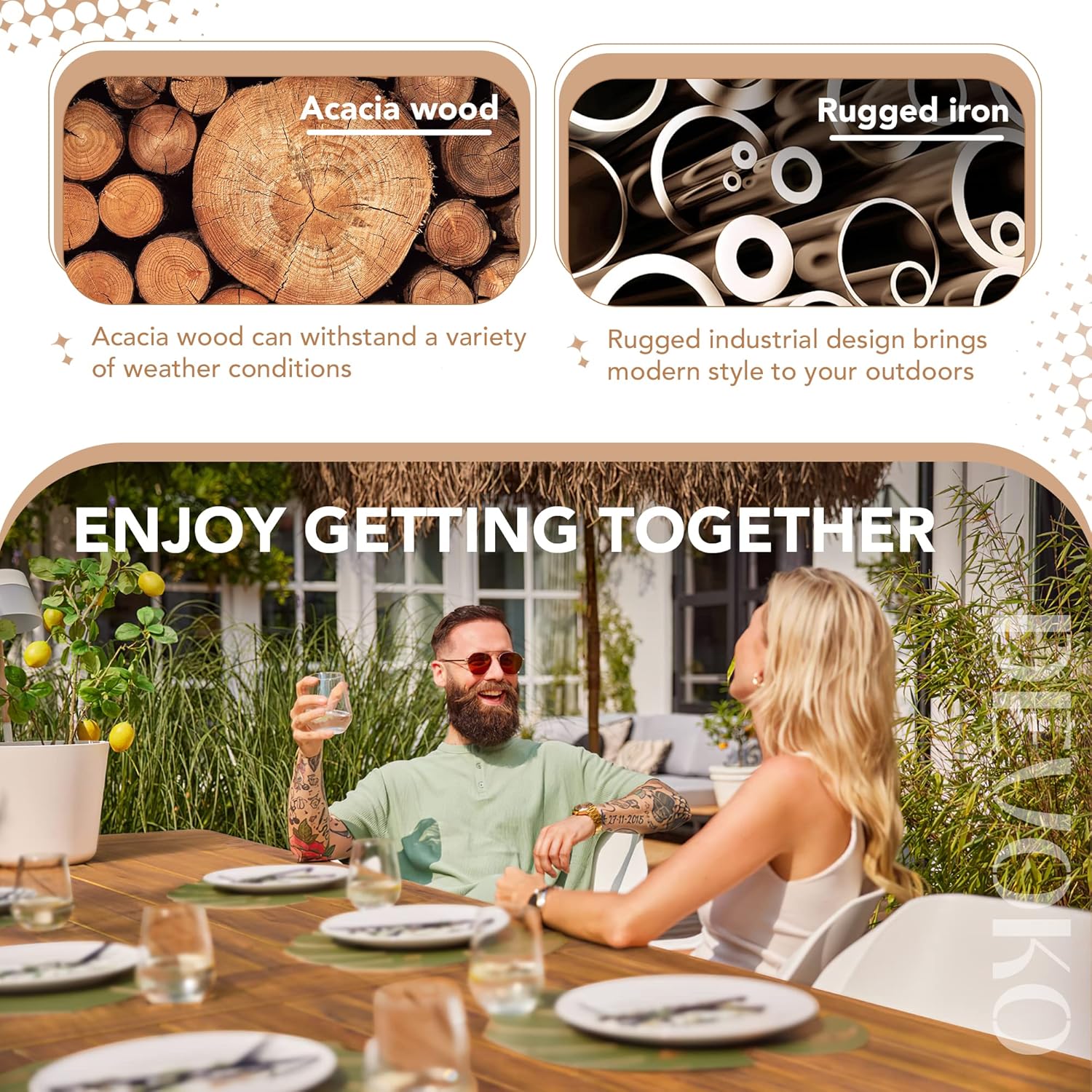 Devoko Home Acacia Wood Dining Table 6-Person Indoor Outdoor Table with Iron Legs, Sandblast Finish, Natural Stained, Rustic Metal, 69 * 33 * 30 inch (Natural) - Image 7