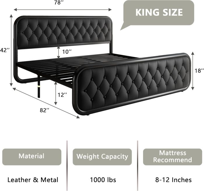 Feonase King Size Bed Frame, Upholstered Bed Frame with Faux Leather Headboard, Heavy Duty Platform Bed with Strong Metal Slats, 12 Inch Under-Bed Storage, Noise-Free, Easy Assembly, Black - Image 2