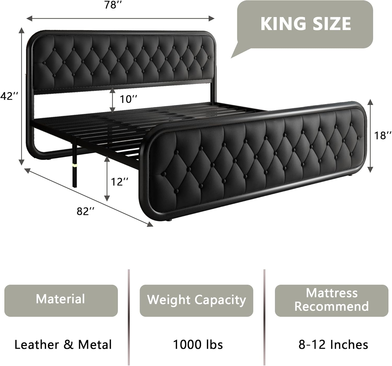 Feonase King Size Bed Frame, Upholstered Bed Frame with Faux Leather Headboard, Heavy Duty Platform Bed with Strong Metal Slats, 12 Inch Under-Bed Storage, Noise-Free, Easy Assembly, Black - Image 2