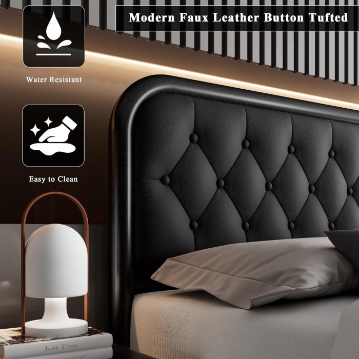 Feonase King Size Bed Frame, Upholstered Bed Frame with Faux Leather Headboard, Heavy Duty Platform Bed with Strong Metal Slats, 12 Inch Under-Bed Storage, Noise-Free, Easy Assembly, Black - Image 4