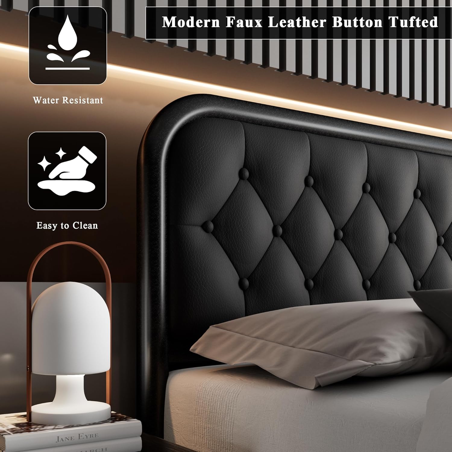 Feonase King Size Bed Frame, Upholstered Bed Frame with Faux Leather Headboard, Heavy Duty Platform Bed with Strong Metal Slats, 12 Inch Under-Bed Storage, Noise-Free, Easy Assembly, Black - Image 4