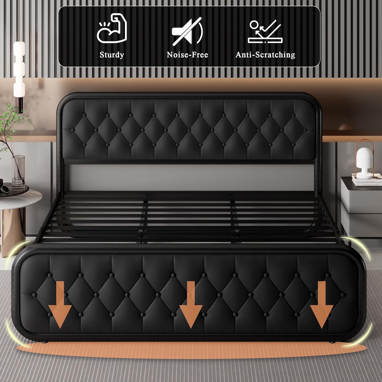 Feonase King Size Bed Frame, Upholstered Bed Frame with Faux Leather Headboard, Heavy Duty Platform Bed with Strong Metal Slats, 12 Inch Under-Bed Storage, Noise-Free, Easy Assembly, Black - Image 5