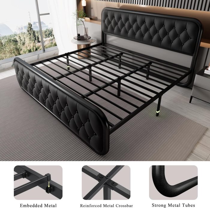 Feonase King Size Bed Frame, Upholstered Bed Frame with Faux Leather Headboard, Heavy Duty Platform Bed with Strong Metal Slats, 12 Inch Under-Bed Storage, Noise-Free, Easy Assembly, Black - Image 6