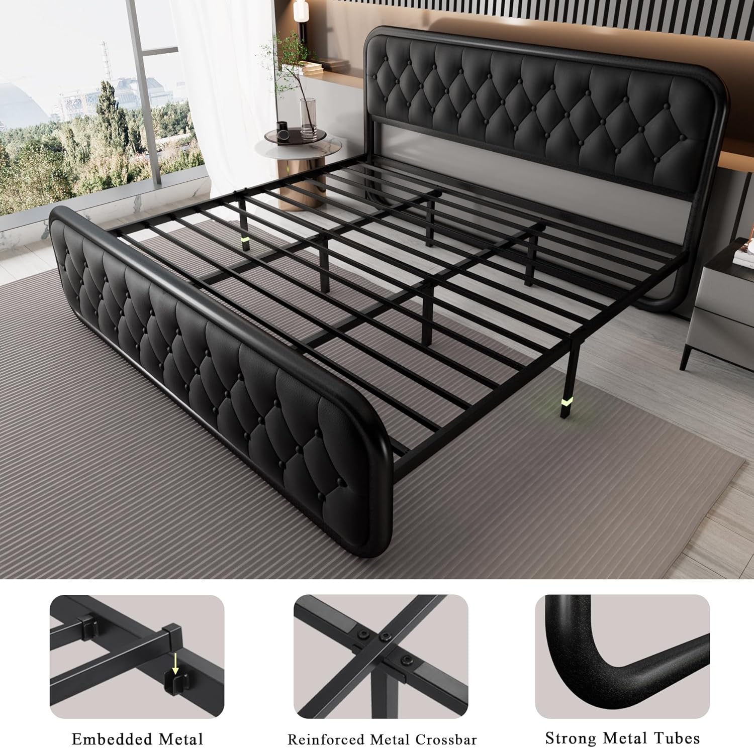 Feonase King Size Bed Frame, Upholstered Bed Frame with Faux Leather Headboard, Heavy Duty Platform Bed with Strong Metal Slats, 12 Inch Under-Bed Storage, Noise-Free, Easy Assembly, Black - Image 6
