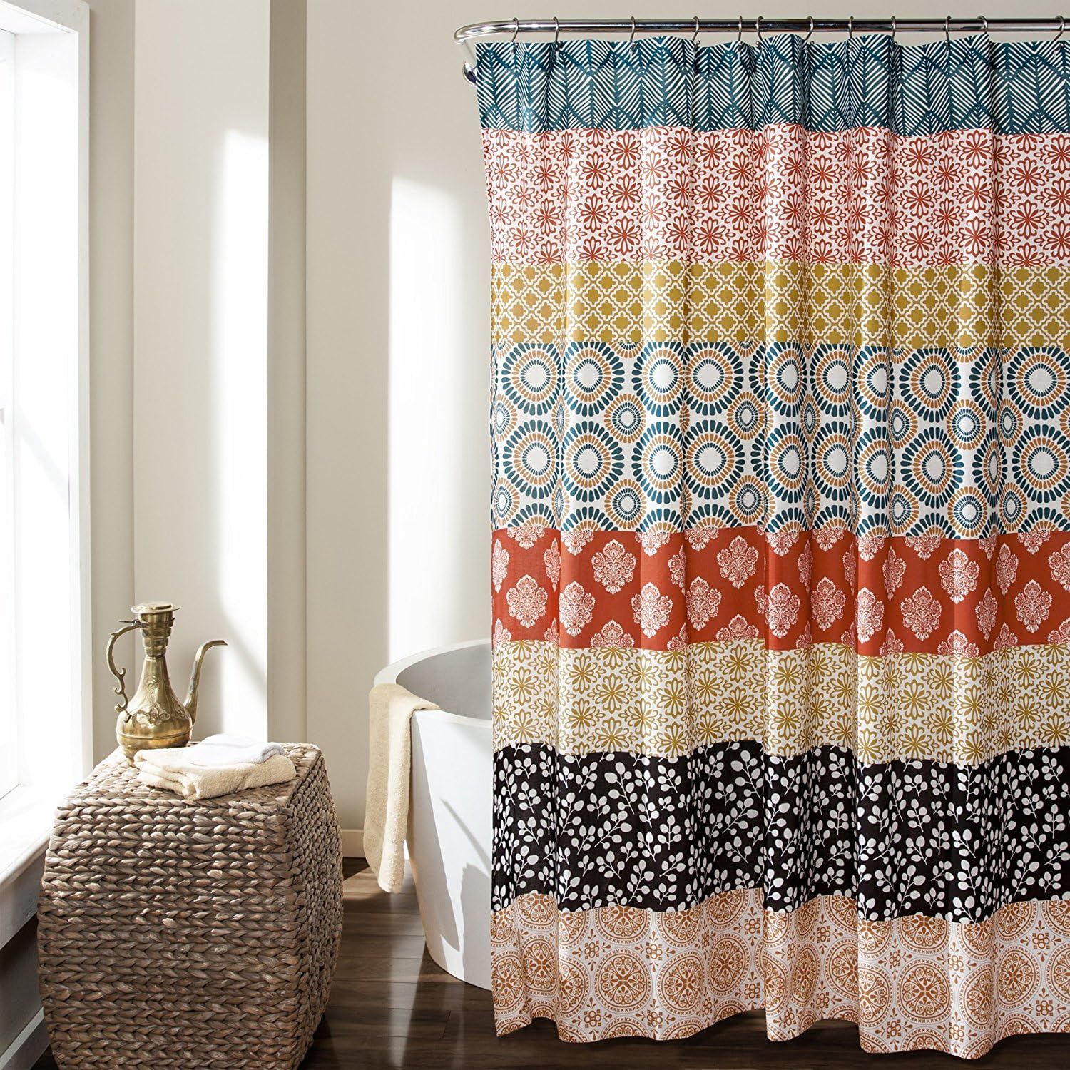 Bohemian Stripe Shower Curtain, 72" W x 72" L, Turquoise & Orange - Enchanting and Bold Colorful Design Perfect for Boho Bathroom Decor