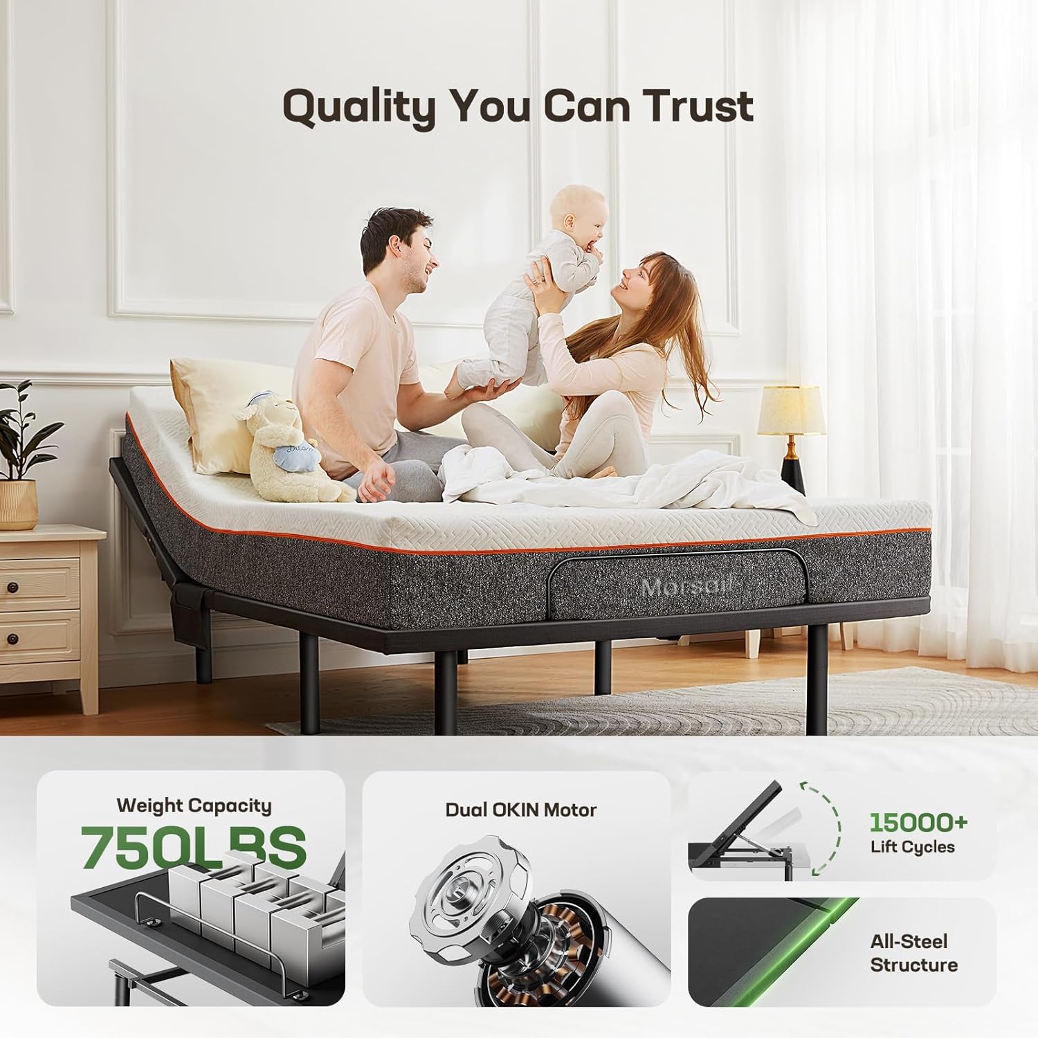 Marsail MS01 Queen Adjustable Bed Base Frame, 4 Ports USB A&C Adjustable Bed Base with Under-Bed Nightlight, 3 Minutes Fast Assembly, Wireless Remote Control Adjustable Bed with 4 Height Options - Image 6