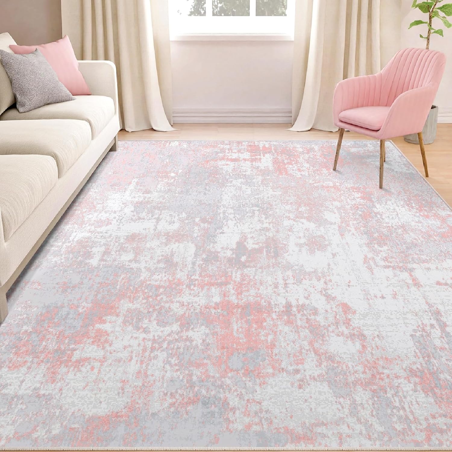 Washable Area Rugs 5'x7' Non-Slip Modern Abstract Soft for Living Room Entryway Bedroom, Print Pattern, Grey Pink