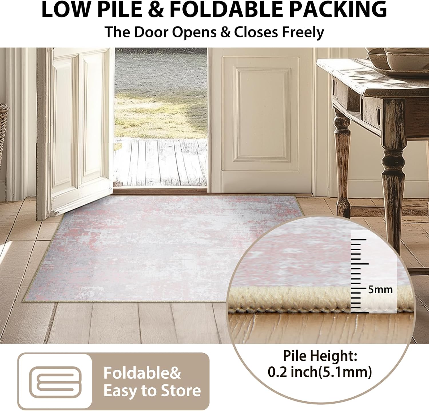 Washable Area Rugs 5'x7' Non-Slip Modern Abstract Soft for Living Room Entryway Bedroom, Print Pattern, Grey Pink - Image 4