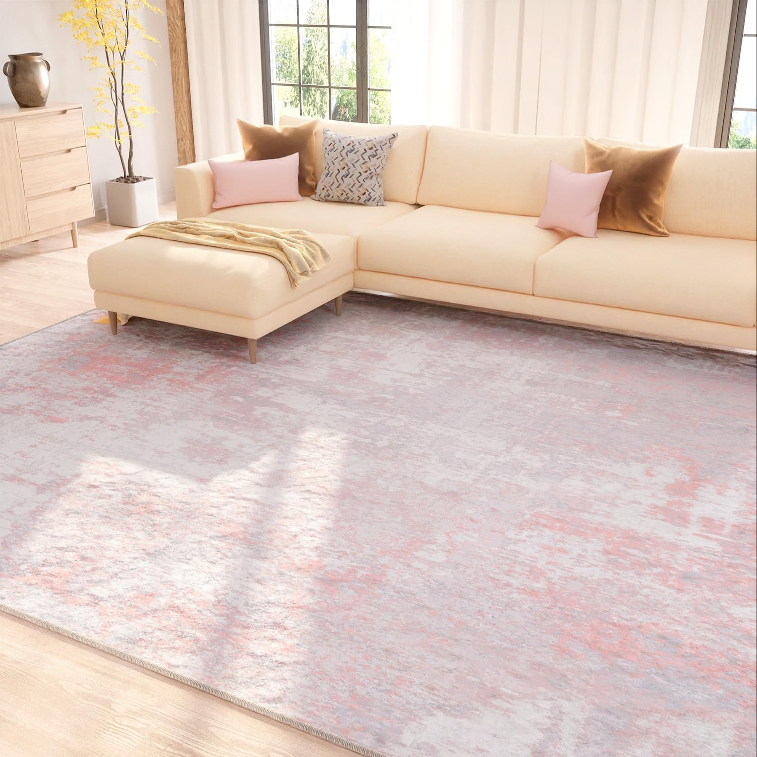 Washable Area Rugs 5'x7' Non-Slip Modern Abstract Soft for Living Room Entryway Bedroom, Print Pattern, Grey Pink - Image 8